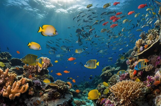 Underwater reef scene with diverse fish species