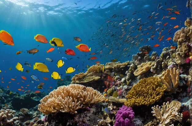 Underwater reef scene with diverse fish species