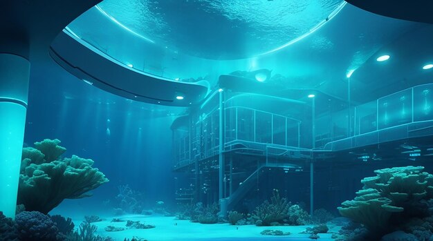 Underwater research facility interior with bioluminescent accents