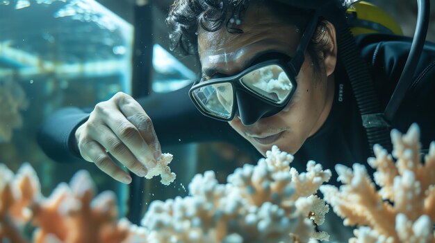 Photo underwater researcher examines coral reef marine biologist studies effects of climate change on ocean life