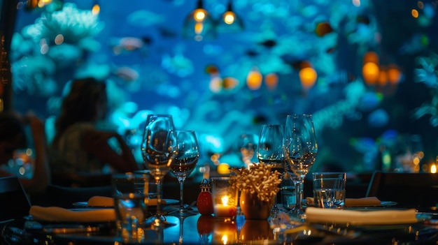 The underwater restaurant in the hotel offering a unique dining experience surrounded by exotic fish