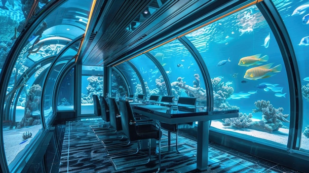 Дизайн интерьера подводного ресторана с видом на океан