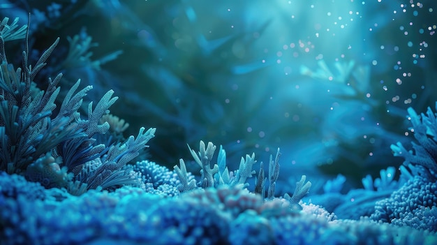 Underwater robotics meet nature glowing corals and seaweed in serene blue spotlighting robotic