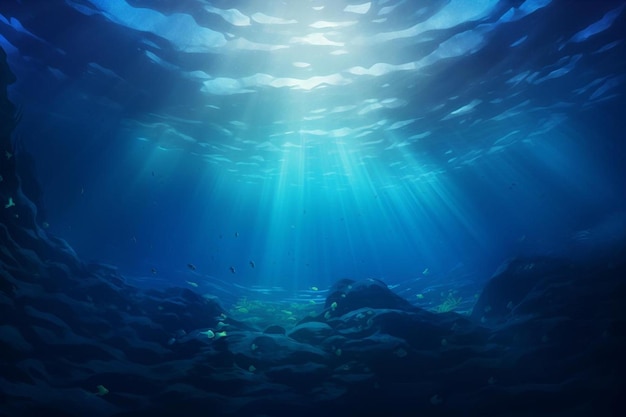 Photo underwater scene of a blue ocean with sun rays and a fish swimming below.