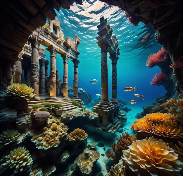 Underwater scene of a building and a coral reef