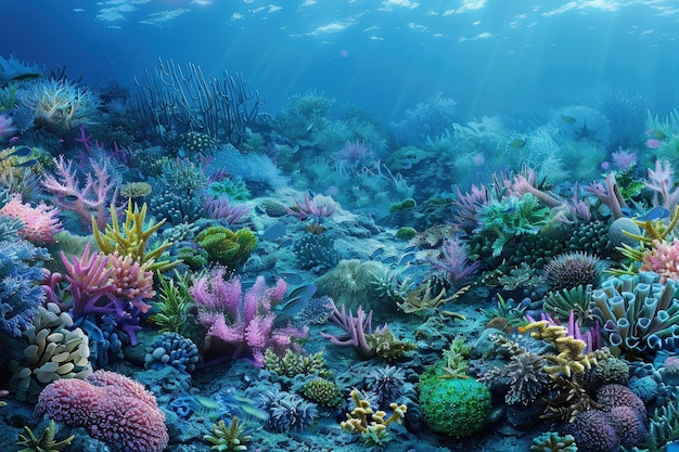 An underwater scene of a colorful coral reef