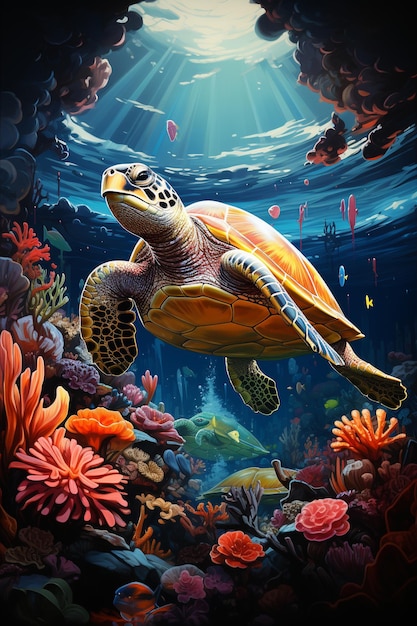 An underwater scene of corals and turtles