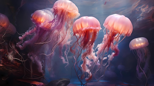 An underwater scene featuring a ballet of graceful jellyfish