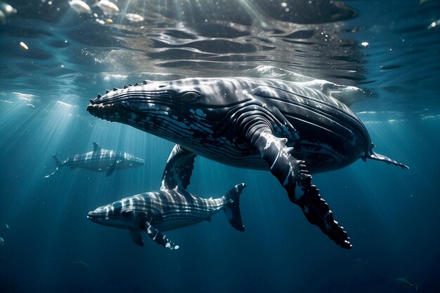 Underwater scene of a humpback whale and her calf surrounded by a school of fish