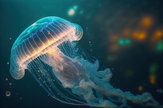 Underwater scene of jellyfish floating in sun rays below surface of the ocean