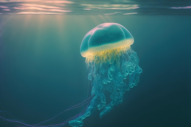 Underwater scene of jellyfish floating in sun rays below surface of the ocean