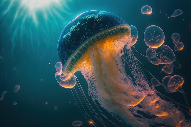 Underwater scene of jellyfish floating in sun rays below surface of the ocean