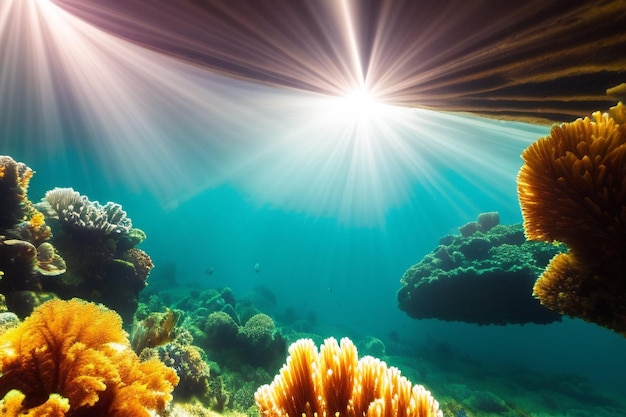 Foto scena sottomarina riff corallino sottomarino oceano mondo marino sotto l'acqua sfondo linea d'acqua e sfondo sottomarino spazio vuoto per il testo