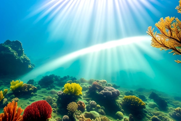 Underwater scene ocean coral reef underwater sea world under water background waterline and underwater background empty space for text