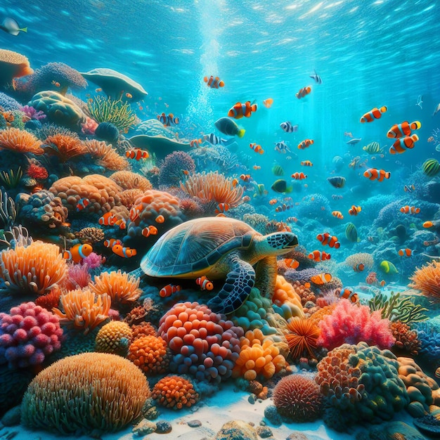 An underwater scene teeming with colorful coral busy clownfish and a gentle sea turtle