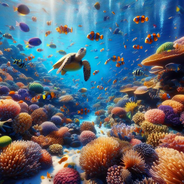 An underwater scene teeming with colorful coral busy clownfish and a gentle sea turtle