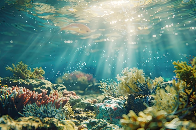 Foto scena sottomarina: fondo marino tropicale con barriere coralline e sole