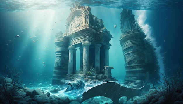 고대 유적과 바다 생물이 있는 수중 장면 Generative AI