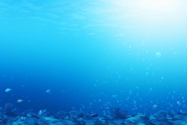 Underwater scene with a blue ocean and a sunburst of a coral reef