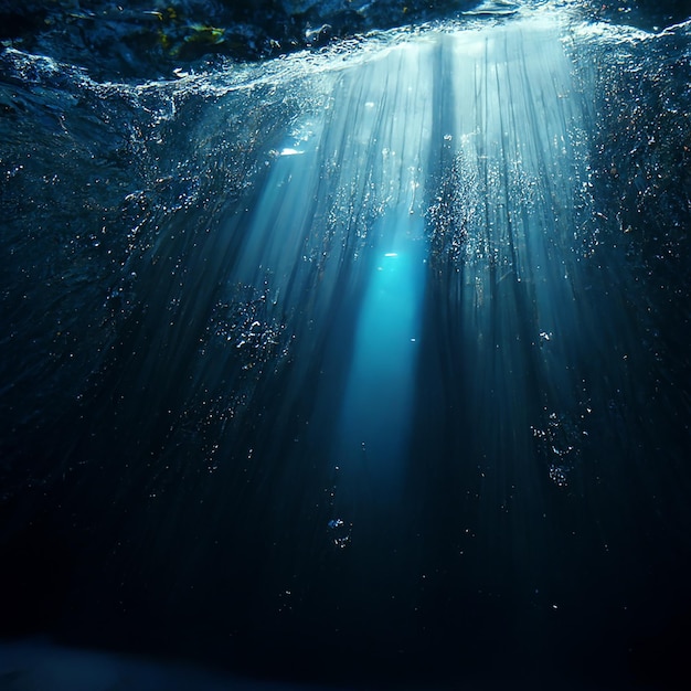 Photo underwater scene with bubbles and sunbeams