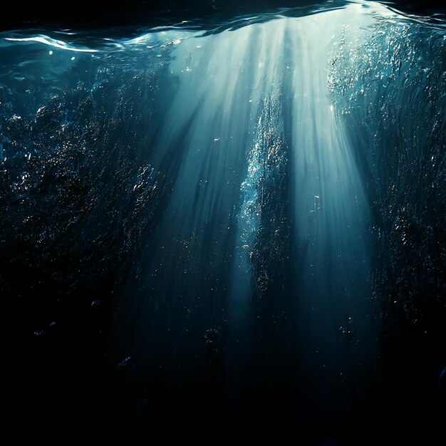 Photo underwater scene with bubbles and sunbeams