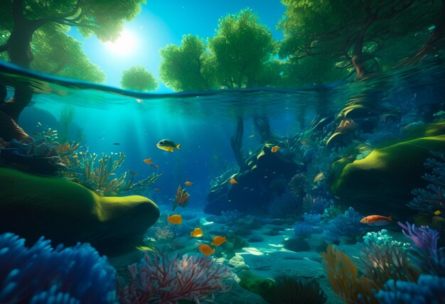 Underwater scene with bubbles and sunbeams