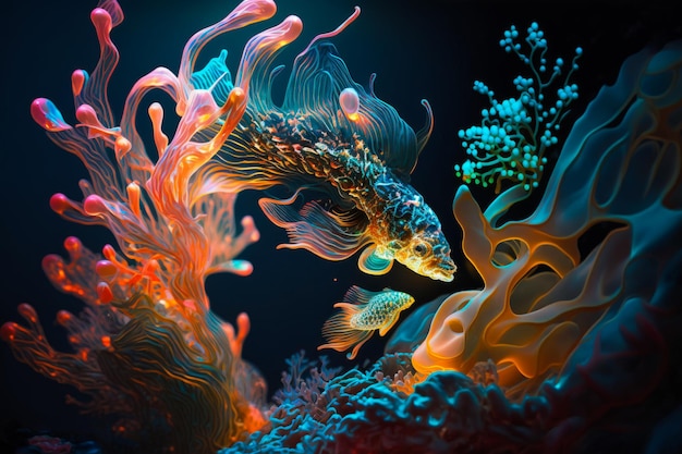 다채로운 물고기와 산호가 있는 수중 장면 Generative AI