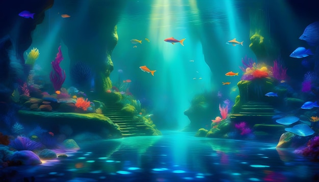 An underwater scene with colorful fish and glowing lights