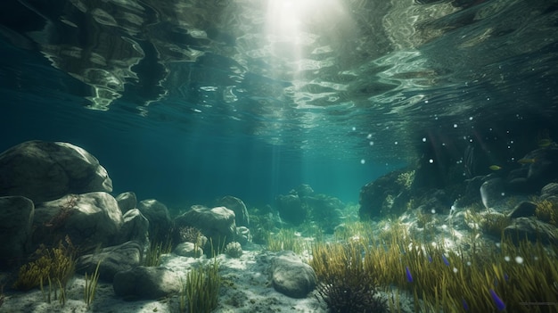 Underwater scene with coral reef and exotic fishes