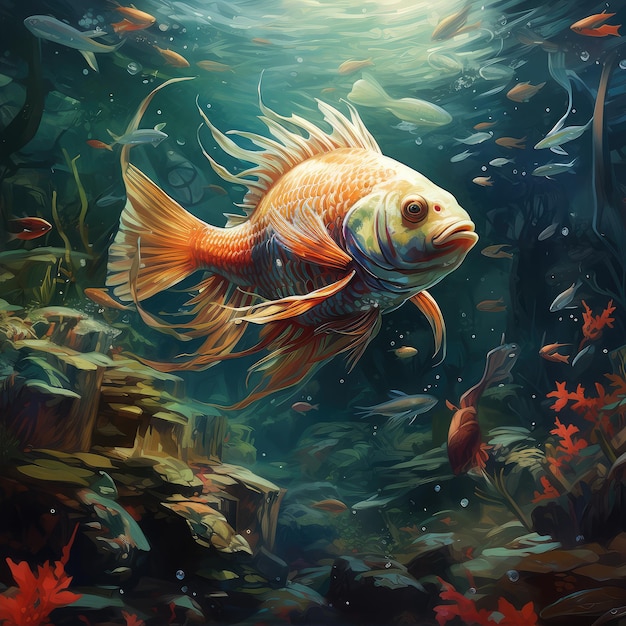 Underwater Scene With Coral Reef And Exotic Fishes