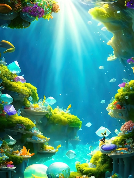 Underwater scene with coral reef and exotic fishes