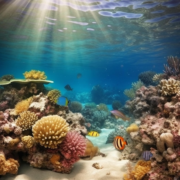 Photo underwater scene with a coral reef and fish