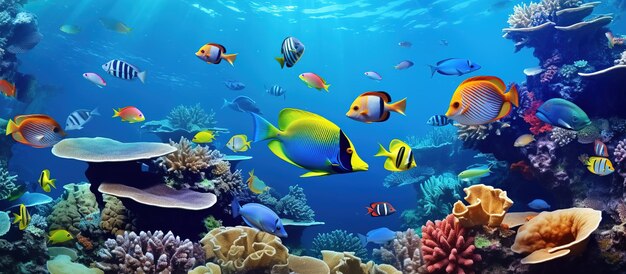 Underwater scene with coral reef and tropical fish