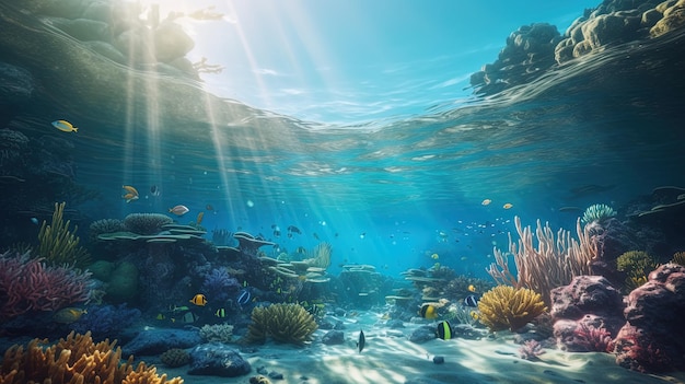 Подводная сцена с коралловым рифом Подводное голубое тропическое морское дно с рифом и солнечным лучом