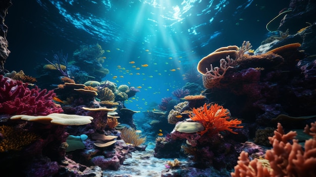 Подводная сцена с кораллами и рыбами