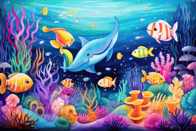 Underwater scene with corals fishes and algae Vector illustration An underwater scene filled with cute smiling sea creatures and corals in vibrant colors AI Generated