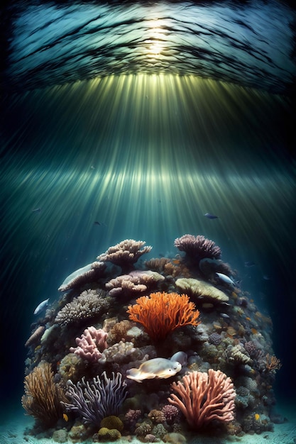 An underwater scene with corals and other marine life