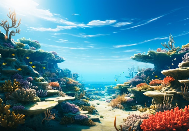 Underwater scene with corals and tropical fish