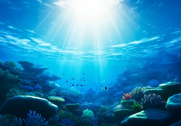 Underwater scene with corals and tropical fish