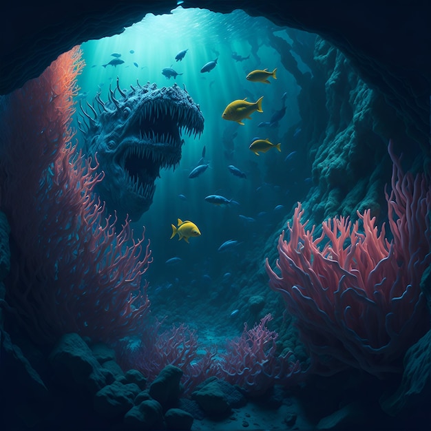 Underwater scene with a deep sea abyss filled with mysterious creatures and vibrant coral