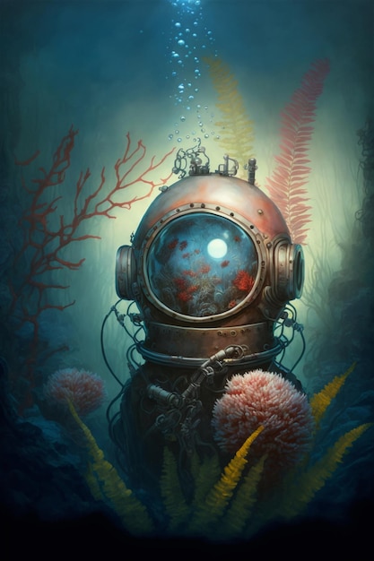 An underwater scene with a diving helmet and corals Generative Ai