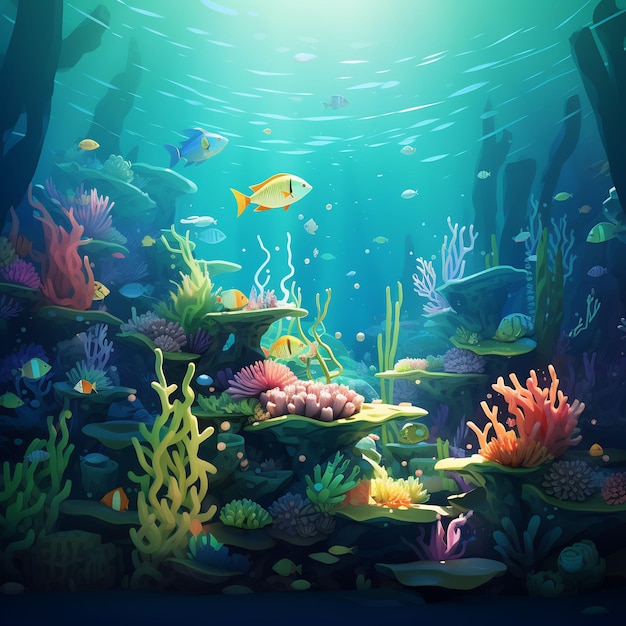 a underwater scene with fish and corals and a fish tank.