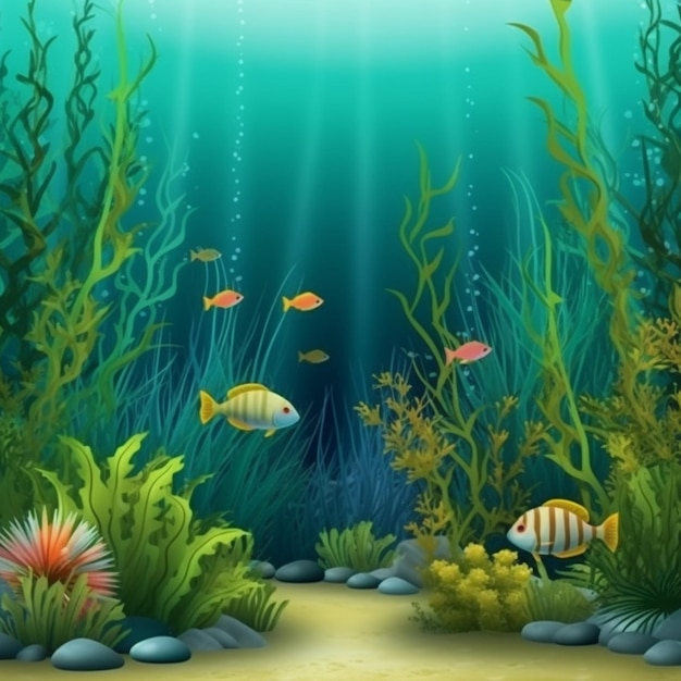 Underwater scene with a fish and plants