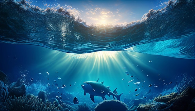 An underwater scene with a fish and a sunburst in the background