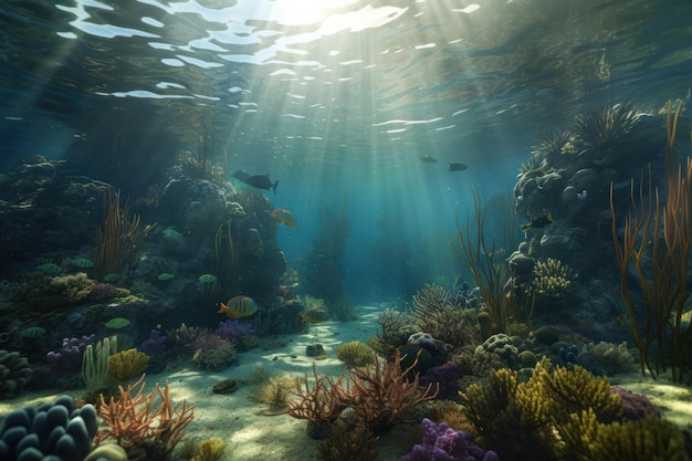 A underwater scene with a fish swimming in the water.