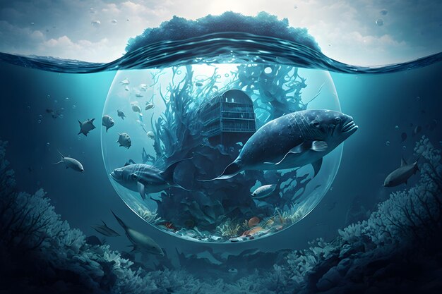 Photo an underwater scene with a fish tank and a house inside.