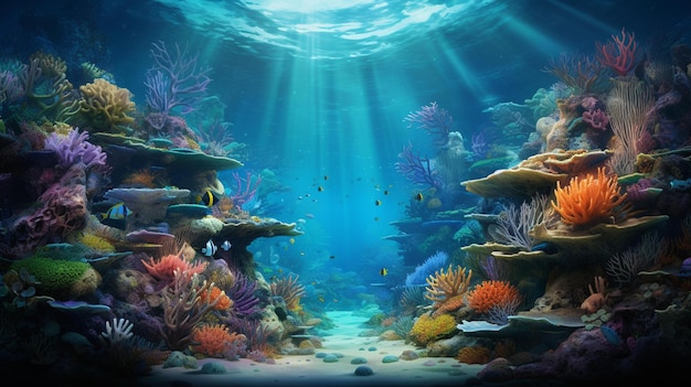 A underwater scene with a fish tank and a sun light.