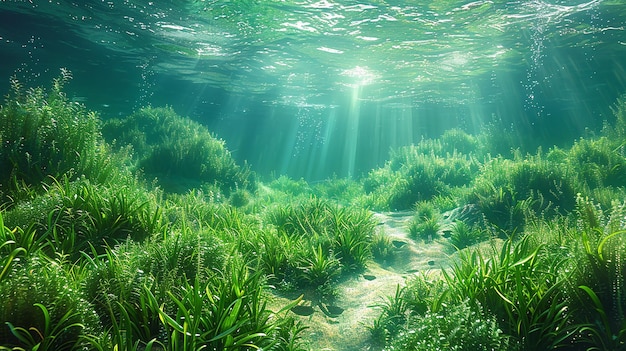 underwater scene with a green seaweed and the sun shining through the water