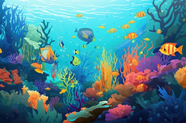 Underwater scene with schools of colorful fish swimming past created with generative ai