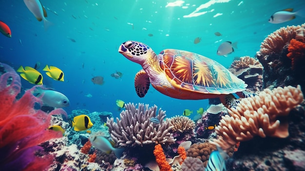Underwater scene with sea turtle and tropical fish